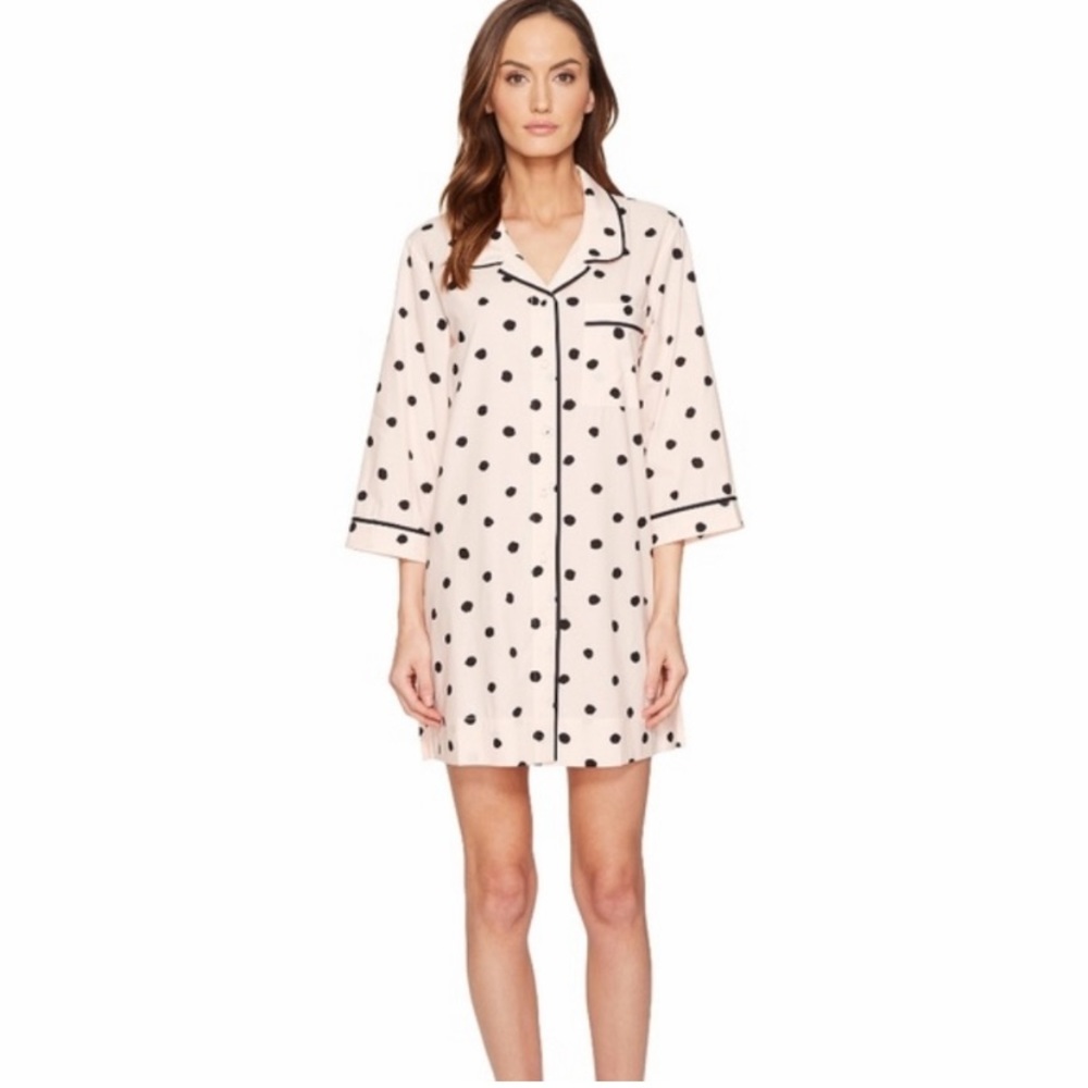 ♠️ NWT KATE SPADE STRETCH BLACK POLKADOT SLEEP SHIRT TOP BUTTON DOWN PAJAMA TOP